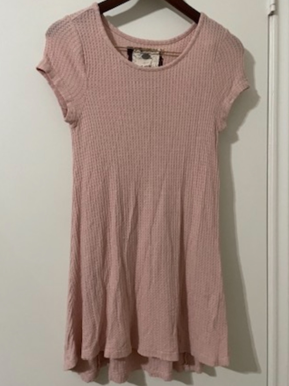 Cupio Blush Pink Waffle Knit Cap Sleeve Tunic Dress Lace Back Detail M